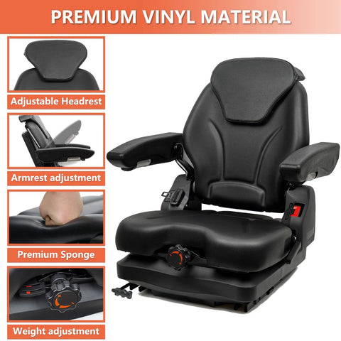 TICSEA tractor suspension seat in black vinyl with adjustable headrest, armrests, and weight-adjustment dial