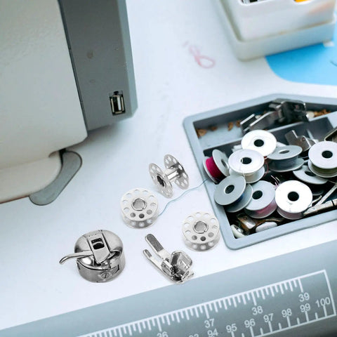 Must Have 31 Piece Bobbin And Small Bobbin Case Set For Household And Industrial Sewing Machines, Easy To Install, Prevents Knots And Unraveling, Portable Crafting And Repair Kit For Everyday Sewing Projects, silver metal bobbins and bobbin case on sewing machine