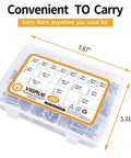 Built Tough 304 Stainless Steel Wood Screws And Self Tapping Assortment Kit Featuring Phillips Flat Heads For Sheet Metal Jobs And Heavy Duty Backyard Projects 450 Piece Set in storage box measuring 7.87" x 5.31".