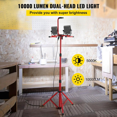 Two Pack 10000 Lumen Dual Head LED Work Light on adjustable foldable tripod stand in workshop setting