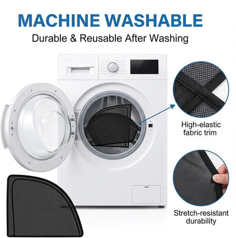 Custom Fit Car Window Sunshades For Tesla Cybertruck 2024 Plus 4 Piece Set inside washing machine demonstrating machine washability.
