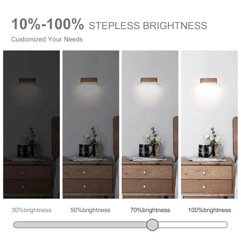 Cordless LED Wall Sconces With 360 Degree Rotating Magnetic Reading Light Real Wood Grain Night Lights for brightness control