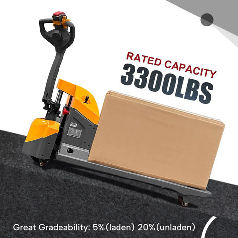 Apollo Lift Electric Pallet Jack, 3300 Lbs Capacity with a box, compact design for easy maneuvering in tight spaces.