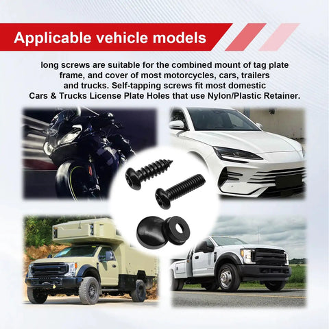 Tough As Nails Rustproof License Plate Screw Kit with suitable long screws and washers for various vehicle models and motorcycles.