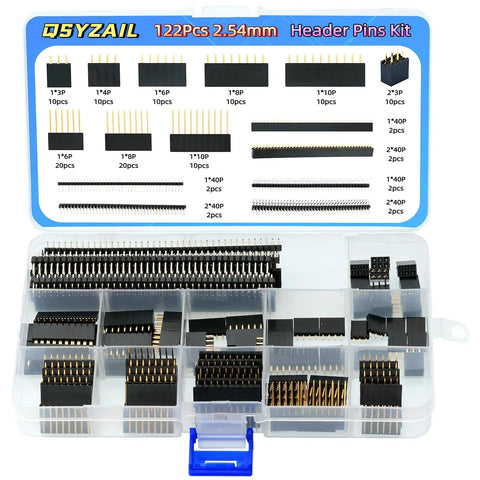 122 Piece 2.54Mm Header Pins Kit With 52 Short Female Pins, 50 Long Female Pins, 12 Double Row, And 8 Male Pins in box
