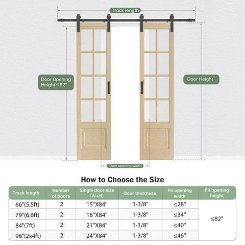 Double 24x84 Inch Clear Glass French Interior Doors With 8Ft Barn Door Hardware Kit Included displaying size specifications.