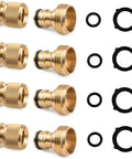 Solid Brass Garden Hose Quick Connector Kit, Three Quarter Inch GHT Threaded Couplings With Easy Install, No Leak Male And Female Fittings, 4-Piece Set With Spare Washers And O-Rings For Quick, Leak-Free Hose Connections displayed with all components.
