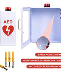 Legit AED Defibrillator Wall Mount Cabinet With Heavy Duty Steel Body and Snappy Alarm Lock for Darn Quick Public Or Home Emergency Grab In Sharp White Enclosure showing interior, mounting holes, and included screws.