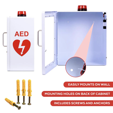 Legit AED Defibrillator Wall Mount Cabinet With Heavy Duty Steel Body and Snappy Alarm Lock for Darn Quick Public Or Home Emergency Grab In Sharp White Enclosure showing interior, mounting holes, and included screws.