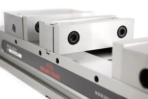 Close-up of Badass 6 Inch Double Station CNC Milling Machine Vise showcasing clamping mechanism and precision design.