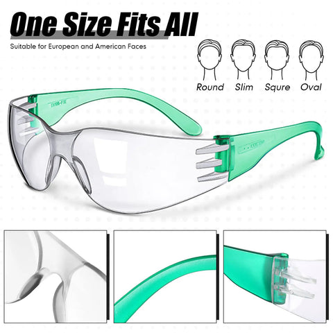 64 Pairs Clear Safety Glasses Set With Anti Fog Lenses featuring green arms, one-size-fit for various face shapes, impact resistant eye gear