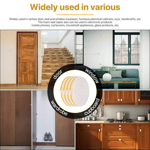 Top Tier Closed Cell Weather Stripping Foam Tape Four Rolls White Door Window Gasket Seal Self Adhesive Draft Blocker For Cars And Homes 1/4 In Wide By 1/8 In Thick Totals Fifty Two Feet Of Ridiculously Tight Coverage And No Mess Setup, shown in use around doors and windows.