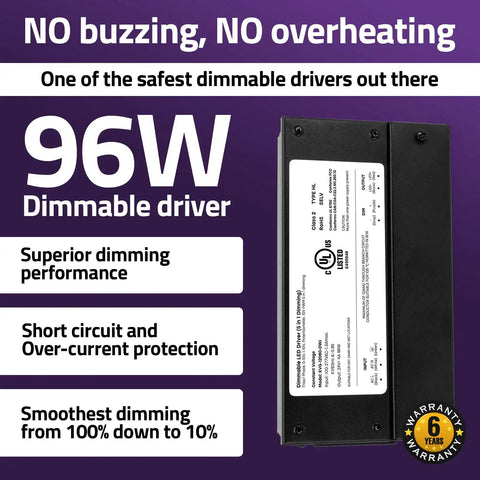 96W UL listed dimmable driver with text highlighting no buzzing, overheating, and 6-year warranty. Suitable for LED lighting.