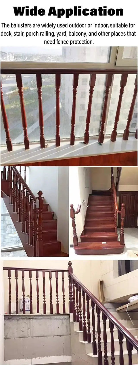 Solid Poplar Wood Balusters For Deck And Stair Railings 6 By 6 By 95 Cm 40 Pack images showing staircase and porch with balusters.