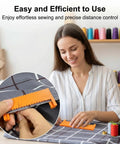 Person using 40 Piece Sewing Kit With Five Size Clip On Ruler Set Edge Stitch Quilting Templates Plus Needles Thread Needle Threaders And Seam Ripper For Even Hemming Stitches Great For Hand Sewing Clothing Repair And Everyday DIY Projects