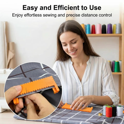 Person using 40 Piece Sewing Kit With Five Size Clip On Ruler Set Edge Stitch Quilting Templates Plus Needles Thread Needle Threaders And Seam Ripper For Even Hemming Stitches Great For Hand Sewing Clothing Repair And Everyday DIY Projects
