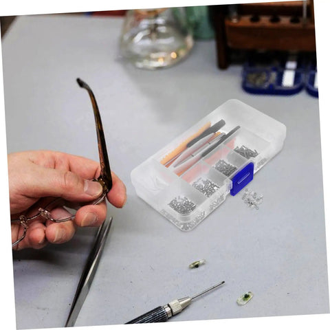 Eyeglass Repair Kit With Screws Screwdriver Tweezers Sunglasses Nose Pads Ear Hooks And Cleaning Cloth shown in use fixing glasses