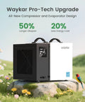 Waykar Pro-Tech Upgrade compact dehumidifier with display on a stone, designed for energy efficiency and long lifespan.