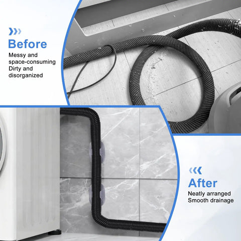 Before and after installation with Self Adhesive Washing Machine Drain Hose Holder Clip Bracket For 22 To 28 mm OD Hoses No Drill Mount Waterproof White Clamp For Clothes Washer And Laundry Tub Discharge Secure Grip Easy Install, showing organized hose placement.