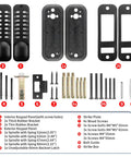 Mechanical Keyless Entry Door Lock With Double Sided Keypad And Lever Handle For Front Gate Auto Locking Interior Exterior Push Button Code Matte Black No Battery Required components displayed separately including keypads, screws, and brackets.