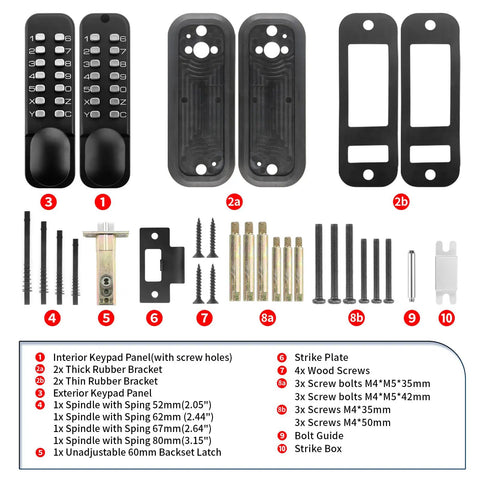 Mechanical Keyless Entry Door Lock With Double Sided Keypad And Lever Handle For Front Gate Auto Locking Interior Exterior Push Button Code Matte Black No Battery Required components displayed separately including keypads, screws, and brackets.