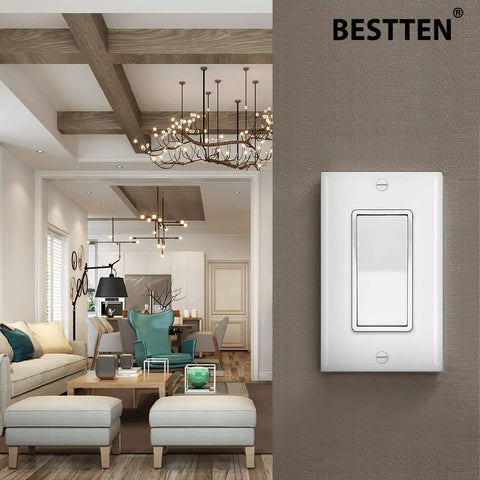Living room with 4 Pack 4 Way Decorator Wall Light Switch with Wall Plate 15A 120 277V On Off Paddle Rocker Interrupter Self Grounding UL