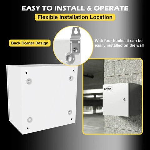 Heavy Duty Steel Electrical Junction Box 12X10X8 Inch IP66 Waterproof And Dustproof Outdoor Indoor Project Enclosure With Mounting Plate installed on wall with back corner design.