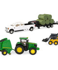 1:32 Scale Farm Toy Set With Tractor, Round Bale Haying Gear And Skid Steer, including Ford F-350 and trailer for imaginative farm play