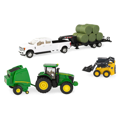 1:32 Scale Farm Toy Set With Tractor, Round Bale Haying Gear And Skid Steer, including Ford F-350 and trailer for imaginative farm play