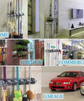 Heavy Duty Broom And Mop Wall Mount Organizer With Hooks For Garage Storage, used in home, garden, commercial, and garage settings