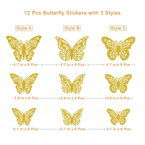 Gold Butterflies Wall Decor Kit With 72 Removable Wall Stickers In 3 Styles And 3 Sizes Displayed
