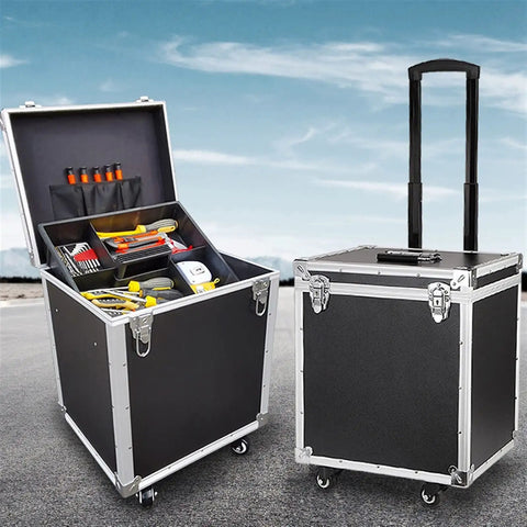 Multifunction Wheeled Tool Box With Retractable Handle And Pro Grade Heavy Duty Aluminum Alloy Build, shown open and closed.