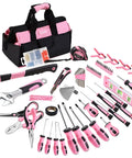 Pink Tool Set 218-Piece Home Improvement Kit For Women with 13 Inch Wide Mouth Tool Bag and colorful tools displayed.