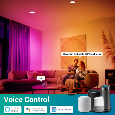 Couple using 6 Inch Smart Recessed Lighting Kit With Remote And WiFi Color Changing RGBCW Canless Recessed Ceiling Lights 15W 1100LM with Alexa voice control in a living room.