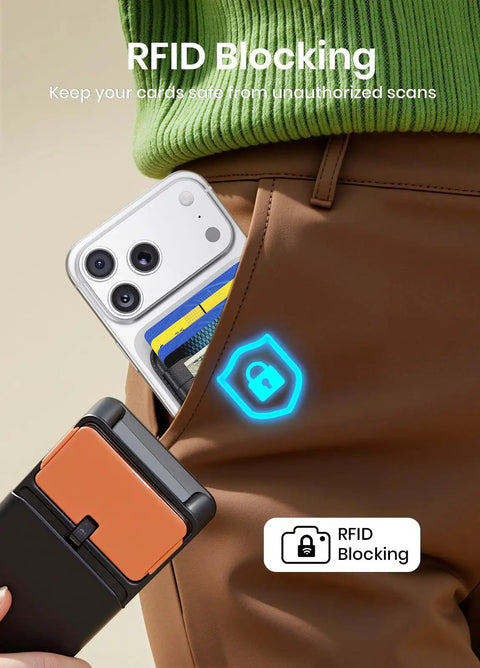 MagSafe Wallet For iPhone 12 Through 17 Series Not For Mini, 5 Card Holder With RFID Blocking, in pant pocket with phone.