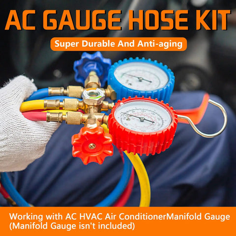 3 Piece AC Manifold Gauge Hose Set With Self Sealing Puncture Style R134A Can Taps, R134A Adjustable Quick Couplers, And Refrigerant Tank Adapters For A C Refrigerants, Charging And Diagnostics, blue red yellow hoses