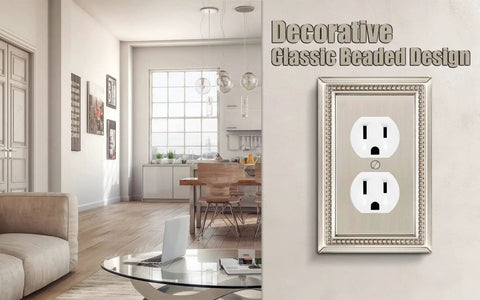 Sunken Pearls Beaded Heavy Duty Decorative Wall Plate And Switch Cover Satin Nickel Finish shown in a modern living area.