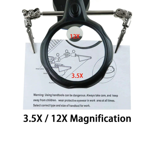 Helping Hands Magnifying Glass Soldering Station With LED Lighted Magnifier 3.5X 12X And Pro Grade Alligator Clip Clamps close-up view