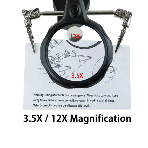 Desktop LED Magnifying Glass Soldering Station With 2.5X 7.5X 10X Lenses, Hands Free Helping Hands Clips, Desk Lamp, Alligator Clamp Stand, Repair Kit For Pro Grade Precision Electronics Projects showing 3.5X and 12X magnification.