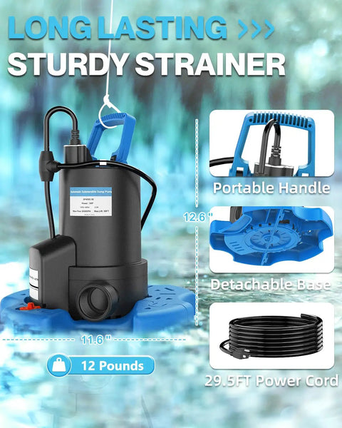 Badass High Power Automatic Pool Cover Pump With 3500 Gph Flow Submersible Sump Motor for Ponds and Fountains with blue handle.