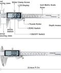 IP54 Waterproof Digital Caliper With Stainless Steel Build, Huge LCD Display, Vernier Caliper, Auto Off, Inch And Millimeter Conversion, 6 Inch And 150 mm Precision Measuring Tool For Home And Shop shown with features labeled, LCD, buttons, and measurement scale visible.