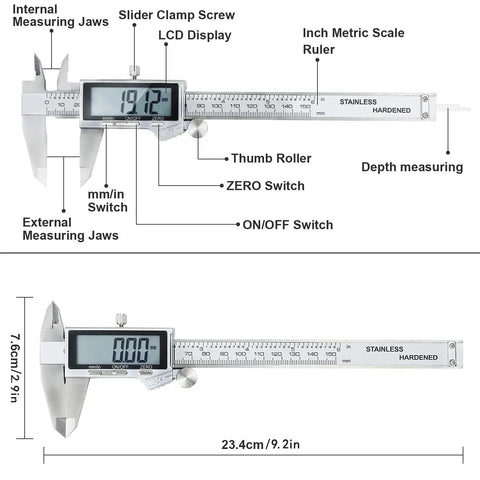 IP54 Waterproof Digital Caliper With Stainless Steel Build, Huge LCD Display, Vernier Caliper, Auto Off, Inch And Millimeter Conversion, 6 Inch And 150 mm Precision Measuring Tool For Home And Shop shown with features labeled, LCD, buttons, and measurement scale visible.