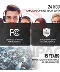 Customer support team with headset, FCC certification sign, warranty badge, manufacturing experience text, technology backdrop