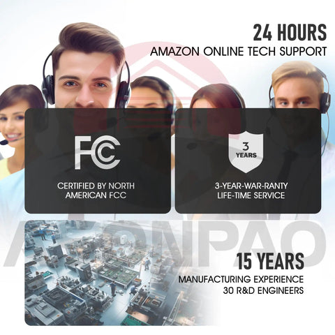 Customer support team with headset, FCC certification sign, warranty badge, manufacturing experience text, technology backdrop