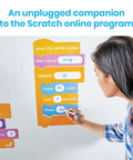 Block Based Coding Magnetic Demonstration Set for Kids Learn To Code with Scratch Style Activities on whiteboard.
