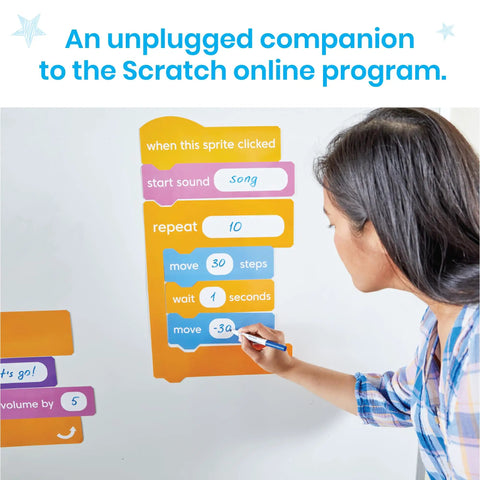 Block Based Coding Magnetic Demonstration Set for Kids Learn To Code with Scratch Style Activities on whiteboard.