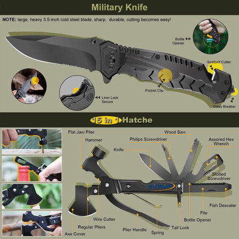Military knife and hatchet multitool features for Go-To 29 In 1 Emergency Survival Kit With Survival Bracelet, Fire Starter, Whistle
