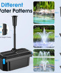 All In One Pond Filter With Pump And Fountain Kit 660GPH showing three water patterns and adjustable height feature