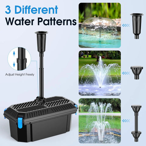 All In One Pond Filter With Pump And Fountain Kit 660GPH showing three water patterns and adjustable height feature