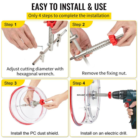 Adjustable Hole Saw Cutter Kit Pro Grade Heavy Duty Set installation steps for recessed lights and ceiling speakers.